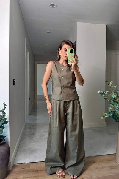 Sue Store Set de vestă pantaloni de in cu tăietură asimetrică kaki