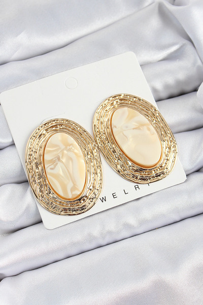 Toptan Bulurum Brass Marble Patterned Beige Oval Vintage Model Gold Color Women's Earrings