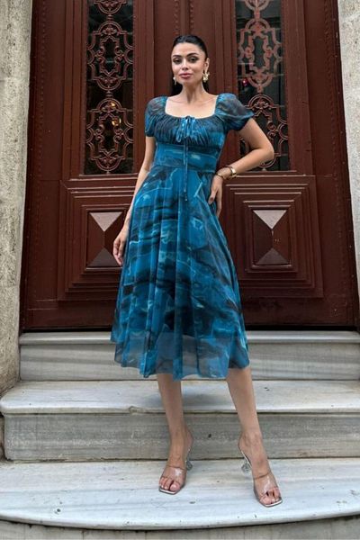 Mossta Square Neck Lace-Up Patterned Tulle Dress - Blue