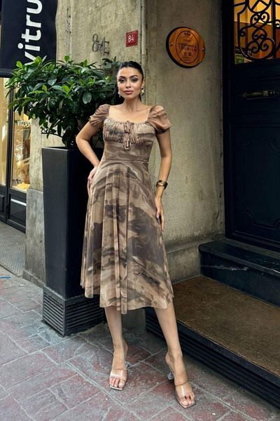 Mossta Square Neck Lace-Up Patterned Tulle Dress - Brown