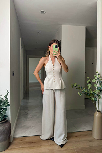 Sue Store Stone Color Buttoned Trousers Blouse Linen Suit