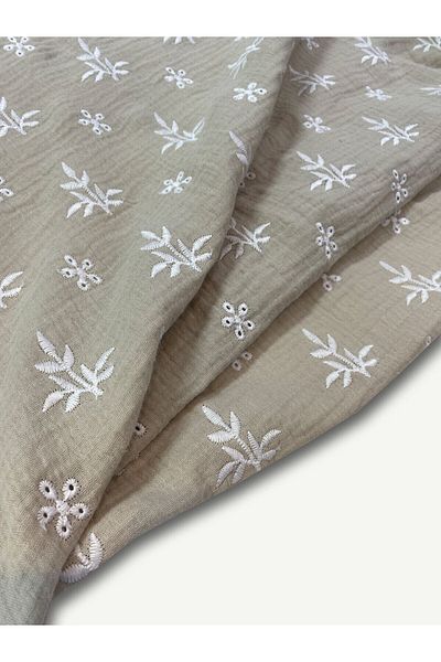 Yiğit Kumaş Embroidered Muslin Fabric Beige Color