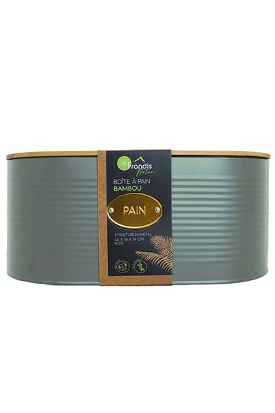 FRANDIS Metal bread box with bamboo lid, olive green, 34x18x14 cm