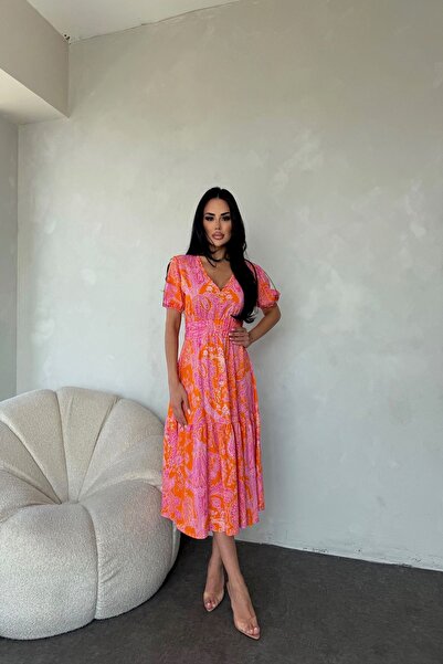 Moday Women's Summer V-Neck Elastic Waist Ankle-Length Woven Dress 2E-2335