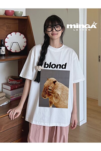 Minga London Tricou oversize alb cu imprimeu Capybara Blond - Minga London