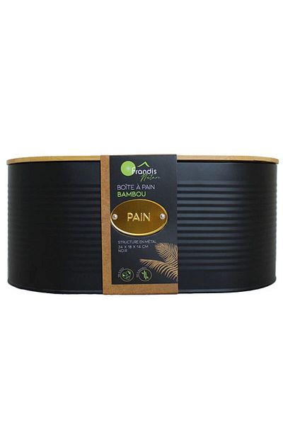FRANDIS Metal bread box with bamboo lid, black, 34x18x14 cm