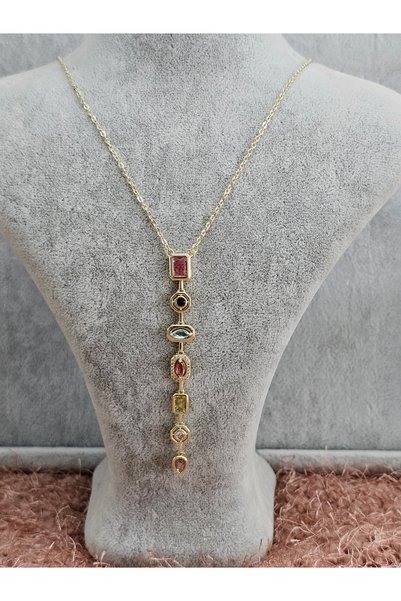 SiestaAccessories Gold Color Seven Color Stone Steel Y Necklace