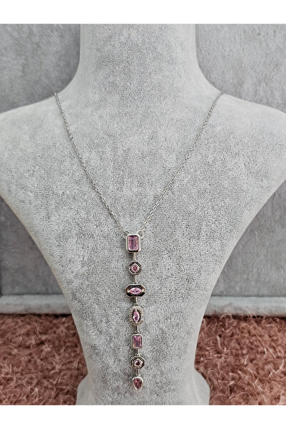 SiestaAccessories قلادة فضية اللون وردية اللون من الحجر الصلب على شكل حرف Y