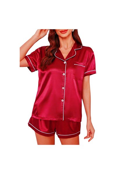 Star Fashion Women's satin pajamas with buttons, short-sleeved blouse and shorts