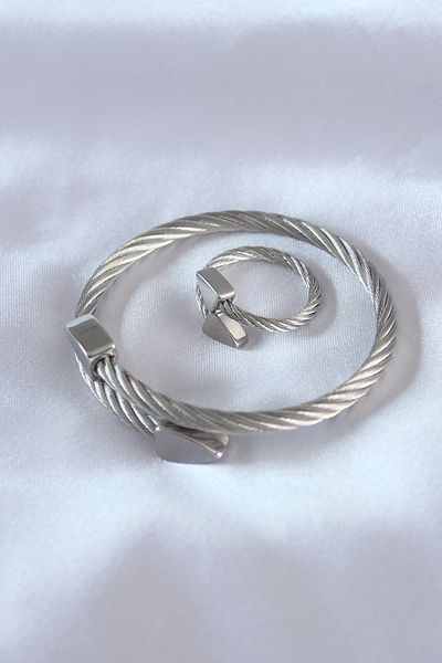 Clariss Steel Silver Color Twisted Model Men's Bracelet Ring Set