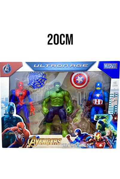 Furkan Toys Süper Kahramanlar Işıklı 3 Lü Figür Oyuncak Kaptan Amarika Örümcek Adam Hulk 20Cm