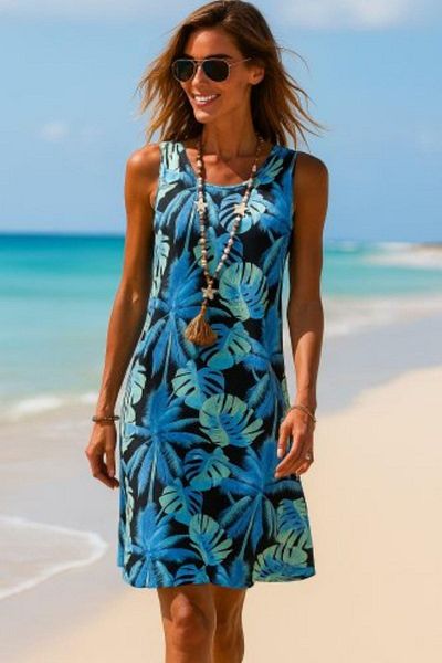 Mossta Leaf Printed Single Jersey Dress with Strap - Blue