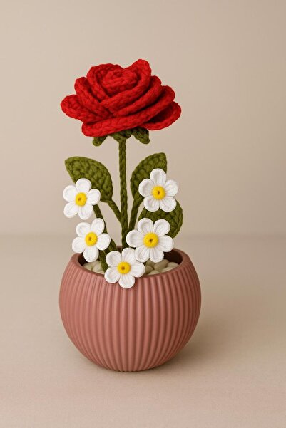 El örgüsü Hand-Knitted Flowerpot Hand-Knitted Rose - Non-Fading Gift for Love...