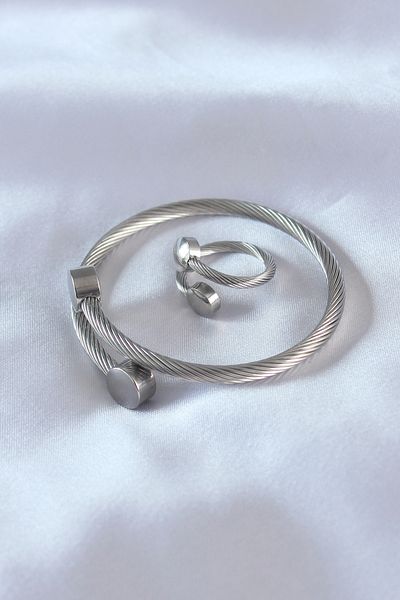Clariss Steel Silver Color Tight Twist Model Men's Bracelet Ring Set