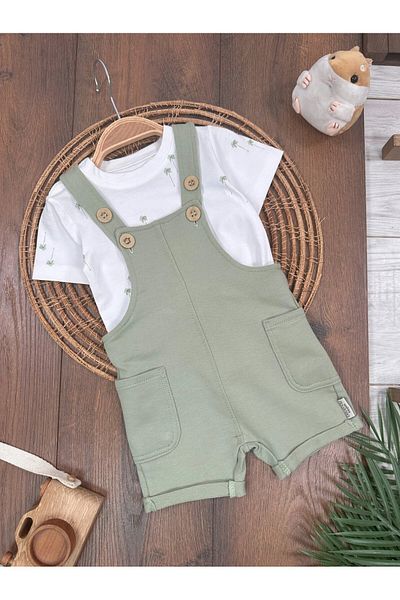 Kids Kingdom Cotton Palm Patterned Double Pocket Short Jumpsuit 2-Piece Baby Boy Set