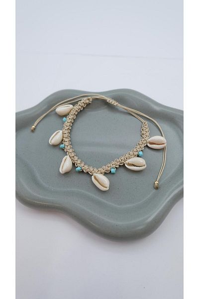 Jerie Knitted Detail Blue Beaded Seashell Anklet