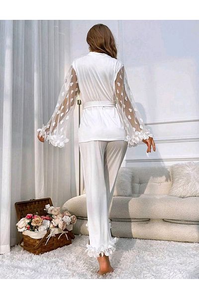 Star Fashion Pijama mireasa/nasa din satin, 2 piese, halat cu cordon si pantaloni lungi, cu maneci din dantela