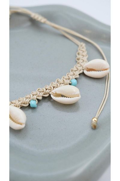 Jerie Knitted Detail Blue Beaded Seashell Anklet