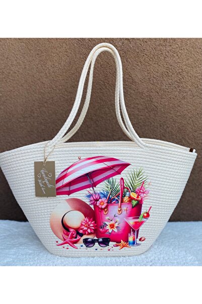 ELÇİÇEK HOME Ψάθινη τσάντα, Ψάθινη τσάντα με στάμπα μεταφοράς, τσάντα παραλίας