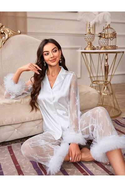 Star Fashion Satin and lace bridal/godmother pajamas, 2 pieces, button-down blouse and long pants