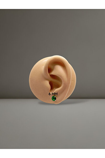 Kjewelry 925 Ayar Gümüş ( 6mm ) Zirkon Tektaş Renkli ( Yeşil ) Yuvarlak Küpe ( 1 Çift )