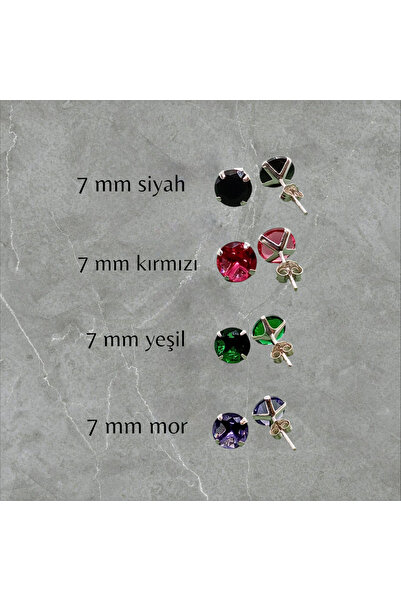 Kjewelry 925 Ayar Gümüş ( 7mm ) Zirkon Tektaş Renkli Yuvarlak Küpe ( 1 Çift )
