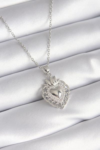 Clariss 316L Steel Silver Color Zircon Stone Detail Crown Heart Model Women's Necklace