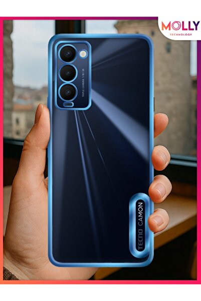 Molly TECNO CAMON 18P İçin Kenarları Metalik Mavi Lens Koruyuculu Lou Lazer Şeffaf Silikon Kılıf