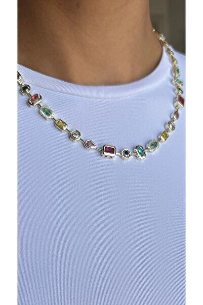 Genel Markalar Renkli Taşlı Baget 14K Altın Kaplama Sıralı Kolye Y Kolye