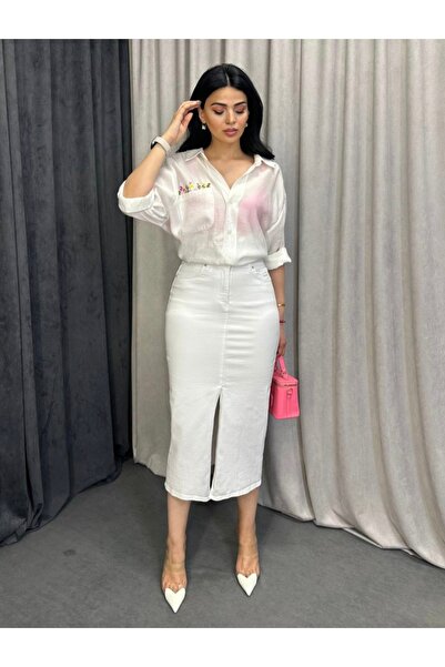 Butik Emsabutik Kot Beyaz Etek
