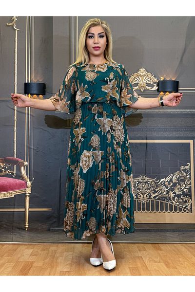 Yeşilmoda Dress Evening Dress Chiffon Midi Length Short Sleeve Skirt Pleated High Quality Lined Floral Green Women