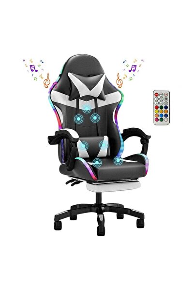 huitich كرسي ألعاب مريح مع مسند للقدمين وتدليك بـ 7 نقاط وأضواء LED وبلوتوث باللونين الأسود والأبيض