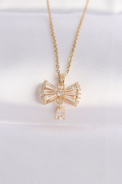 Clariss 316L Steel Chain Gold Color Zircon Stone Heart Detail Bow Necklace