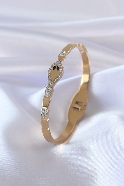 Clariss 316L الصلب الذهب اللون الأفعى نموذج الزركون حجر التفاصيل أصفاد المرأة