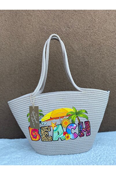 ELÇİÇEK HOME Ψάθινη τσάντα, Ψάθινη τσάντα με στάμπα μεταφοράς, τσάντα παραλίας