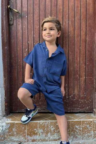 Kidmark Çocuk Modası Boy's Linen Pocket Detailed Navy Blue Summer Suit