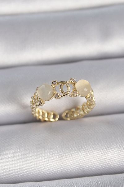 Clariss Brass Gold Color Adjustable Zircon Stone White Enamel Combined Ring Model Women's Ring