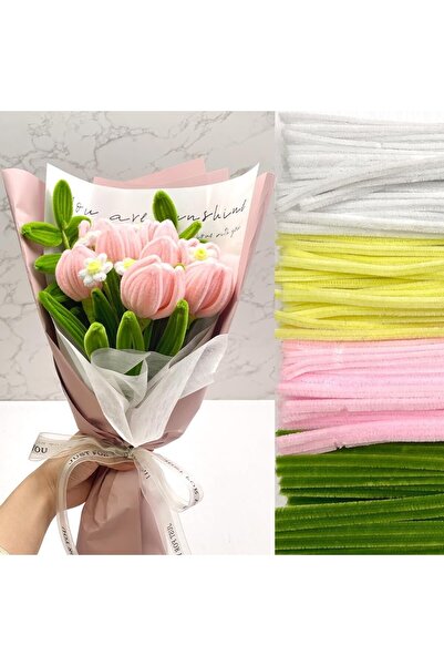 Hobialem 100 Adet Sarı, Pembe, Beyaz, Koyu Yeşil Renkli Şönil , Çiçek Yapım S...