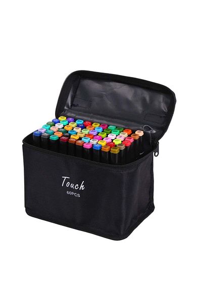 Touch 60pcs Dual Tip Markers Set, Assorted Colors Stylish Black Body with Black Cloth Bag