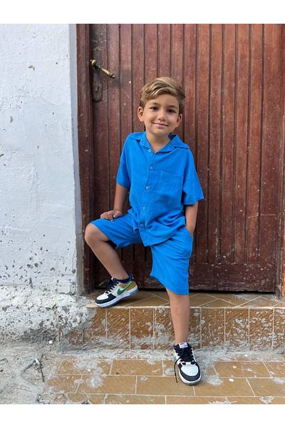 Kidmark Çocuk Modası Boy's Linen Pocket Detailed Blue Summer Suit