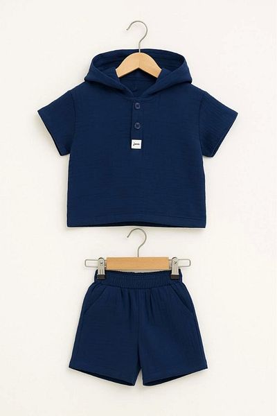 Kidmark Çocuk Modası Boy's Hooded Muslin Navy Blue Summer Suit