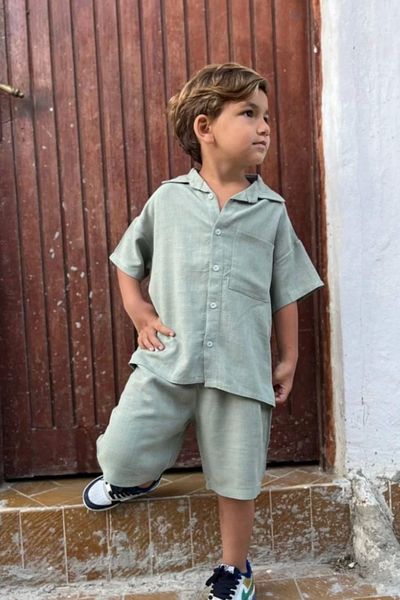 Kidmark Çocuk Modası Boy's Linen Pocket Detailed Green Summer Suit