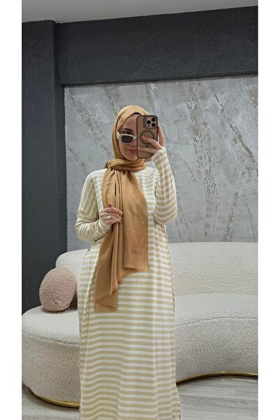 Touche Çizgili Oversize Elbise Krem