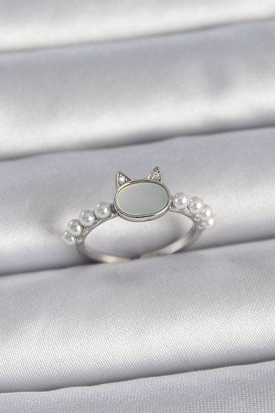Clariss Brass Silver Color Adjustable White Enameled Cat Model Pearl Detail Women's Ring