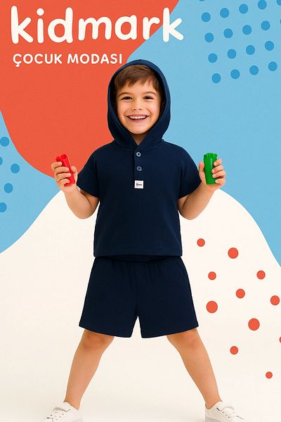 Kidmark Çocuk Modası Boy's Hooded Muslin Navy Blue Summer Suit
