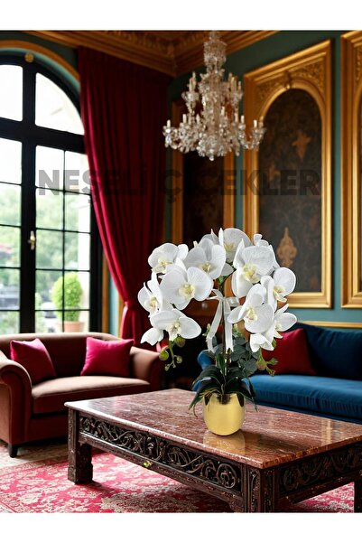 NEŞELİ ÇİÇEKLER Öğretmenler Günü Hediyesi Yapay Orkide Premium Kalite Doğal Görünümlü Gold Saksı Yapay Çiçek 55 cm