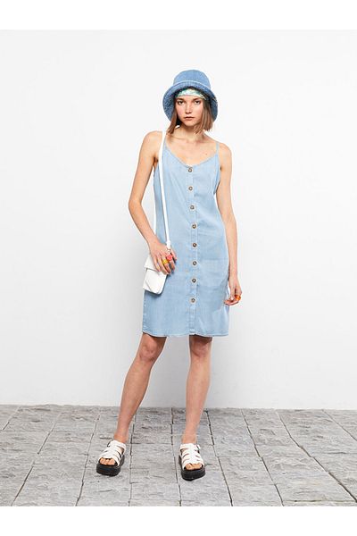 LC Waikiki Rochie de damă Rodeo Jean cu decolteu inimă albastru indigo 100% Lyocell cu bretele drepte