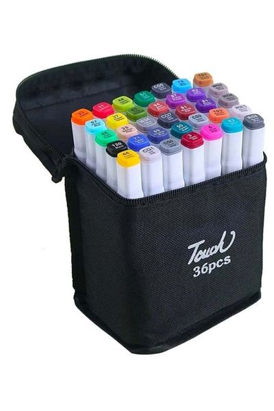 Touch 36pcs Dual Tip Markers Set, Assorted Colors Stylish White Body with Black Cloth Bag