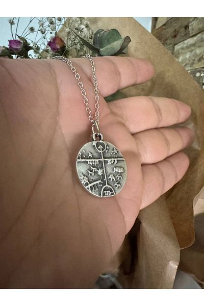 Herşey Nota Had Safha Kam – Shaman Drum Figured Necklace – Spiritual Silver Color Zamak Metal Unisex Jewelry