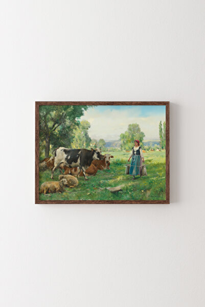 epiqart Çoban Kız ve Sürüsü - Ahşap Desenli Çerçeve